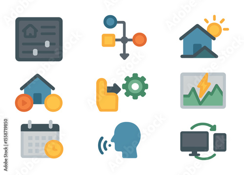 Home Automation Icons. Flat icon set of home automation systems: central control panel, automation flowchart,