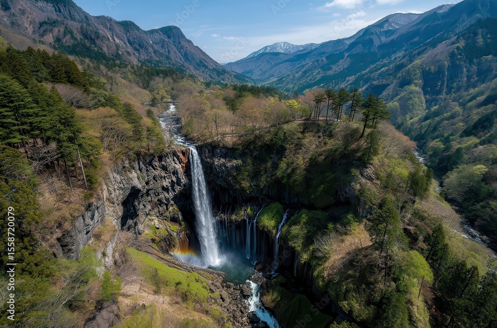 Fototapeta premium Majestic Waterfall Cascading Through Lush Green Forests Surrounded by Mountains Under Clear Blue Sky With Snow-Capped Peaks in Distance