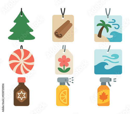 Seasonal Air Freshener Icons. Flat icon set of seasonal air fresheners: pine tree scent, cinnamon stick icon,