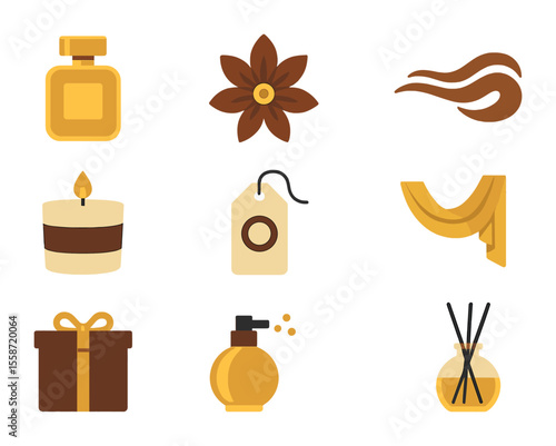 Luxury Scent Icons. Flat icon set of luxury scents: gold fragrance bottle, exotic flower icon, rich mist trail