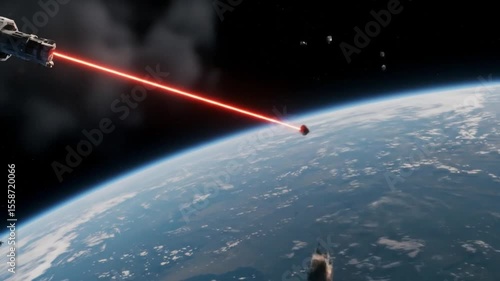 Laser weapon from space satellite firing on Earth target with red beam in high-tech futuristic battle