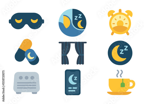 Sleep Optimization Icons. Flat icon set of optimizing sleep cycles: sleep mask, circadian rhythm chart,