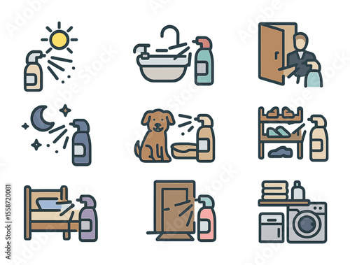 Fragrance Icon Set. Flat icon set of fragrance application moments: morning misting, post-cleaning spray,