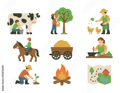 Rural Guest Activities Icons. Flat icon set of rural guest activities: milking cow, picking apples, feeding