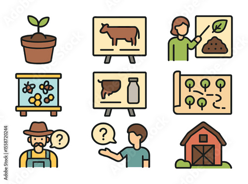 Farm Learning Icon Set. Flat icon set of interactive farm learning: seedling pot, animal fact board, compost