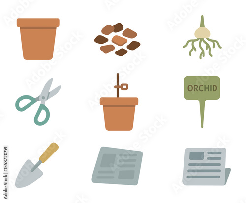 Orchid Repotting Icons. Flat icon set of orchid repotting steps: old pot, bark mix, clean roots, trimming