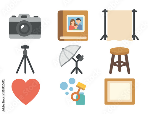 Family Portrait Session Icons. Flat icon set of family portrait session props: vintage camera, photo album,
