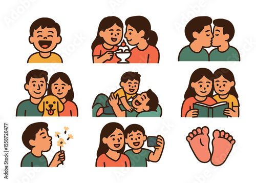 Family Moments Icons. Flat icon set of capturing candid family moments: laughing child, shared dessert, parent