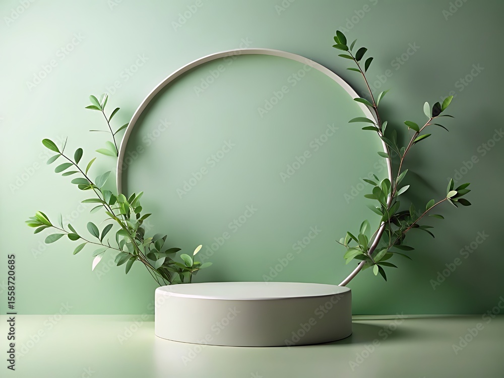 Minimalist podium with green leaves and circle backdrop Minimalist podium with green leaves and circle backdrop