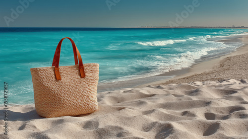 Wallpaper Mural Seaside Serenity: A sun-kissed straw bag rests peacefully on the soft, white sand of a serene beach, the turquoise sea sparkling invitingly in the background. Torontodigital.ca