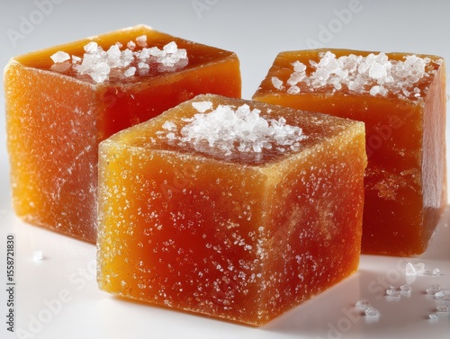 Organic caramel cubes topped with sea salt, showcasing the contrast of sweetness and saltiness on a clean background for culinary and dessert themes