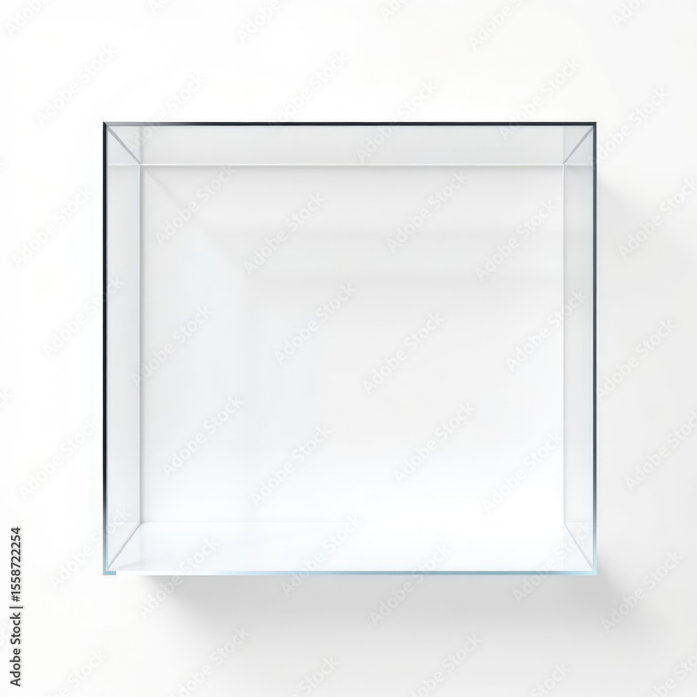 An empty, transparent glass box sits on a stark white surface, offering a minimalist aesthetic. An empty, transparent glass box sits on a stark white surface, offering a minimalist aesthetic.