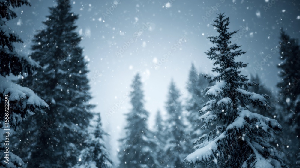 Fototapeta premium Serene winter forest scene with dense evergreen trees covered in fresh white snow, tall conical pines, dark-green needles, softly falling large snowflakes, and hazy light-blue sky.