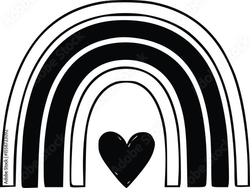 A stylized black and white illustration of a rainbow with a heart shape.