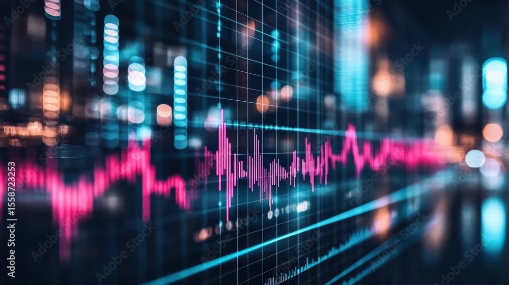 A futuristic digital stock market graph with neon pink and blue lines, overlaid on a blurred cityscape background, representing financial data and trading activity. A futuristic digital stock market graph with neon pink and blue lines, overlaid on a blurred cityscape background, representing financial data and trading activity.