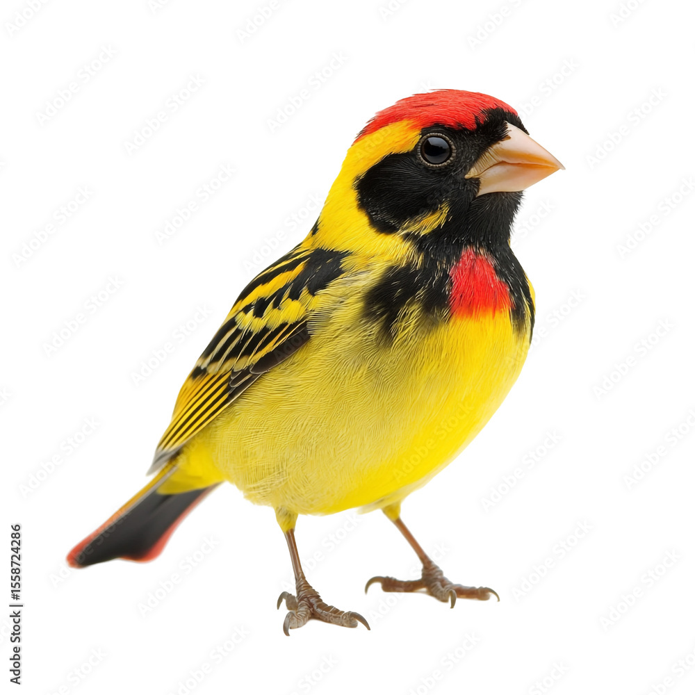 Fototapeta premium Vibrant yellow bird with red and black accents striking pose against black background
