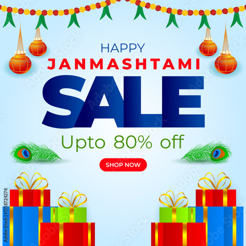 Vector illustration of Happy Krishna Janmashtami Sale social media template