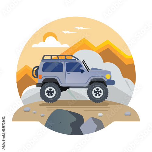 Rugged off road SUV navigating challenging rocky mountain vector art design 