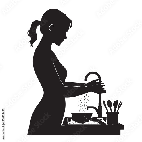 Black Silhouette Vector of Person Washing Dishes at Sink in Daily Kitchen Chore Scene on White Background Full HD