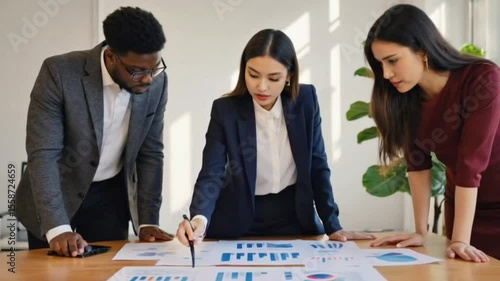 Three business professionals analyzing reports at a table in the office  