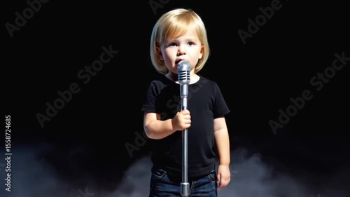 Child singing confidently into microphone on dark stage background  
