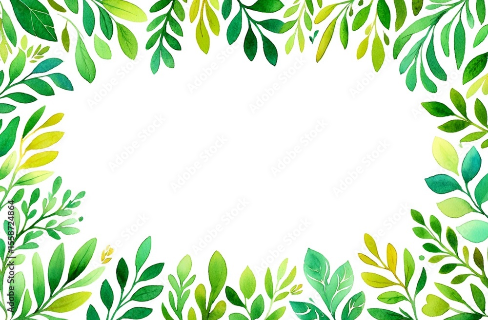 watercolor-style illustration featuring an abstract green nature frame with various leaf shapes, brushstroke textures, and playful patterns. The edges of the image are decorated with hand-painted gree watercolor-style illustration featuring an abstract green nature frame with various leaf shapes, brushstroke textures, and playful patterns. The edges of the image are decorated with hand-painted gree