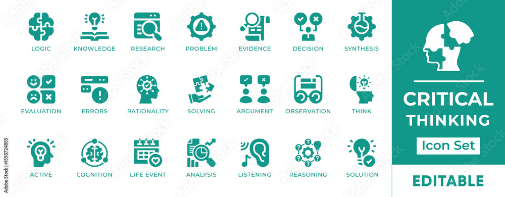 Fototapeta premium Critical Thinking Icon Set. Features icons of analysis, problem solving, logic, decision making, and brainstorming. Perfect for education, strategy, and business use.