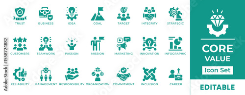 Core Value Icon Set. Features icons of trust, integrity, respect, responsibility, teamwork, and vision. Perfect for company profiles, branding, and presentations.