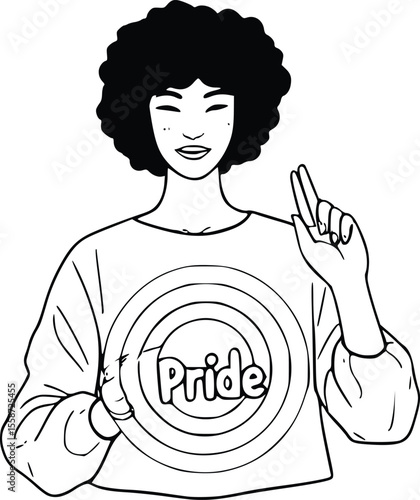 A smiling person with an afro hairstyle holds a target with "Pride" written in the center, pointing upwards.