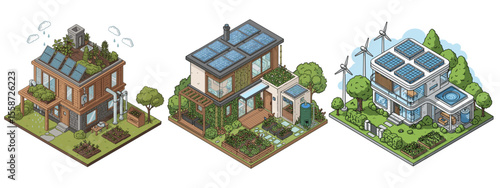 Isometric Smart Green Building with Rooftop Garden and Zero Waste System