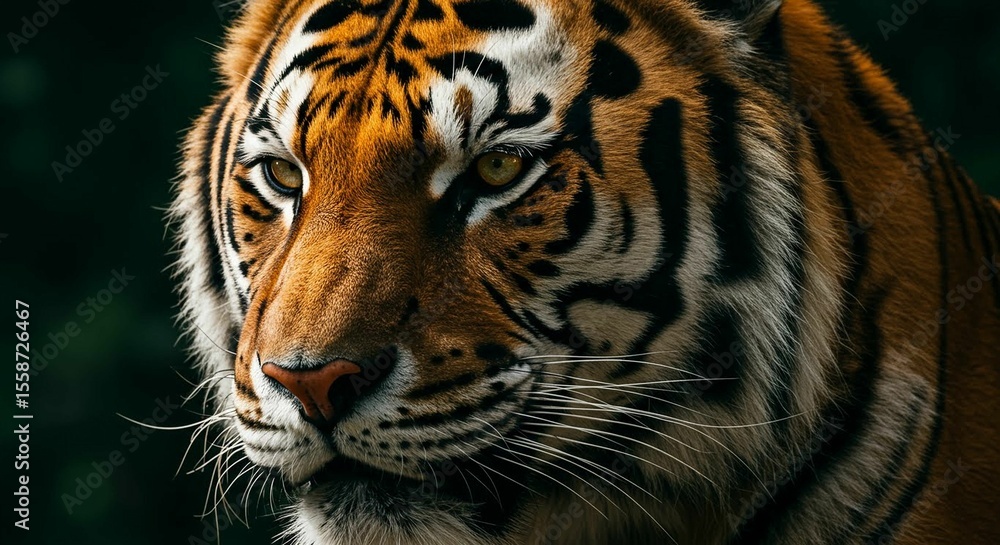 Fototapeta premium Majestic tiger with vibrant orange and black stripes against a dark background.