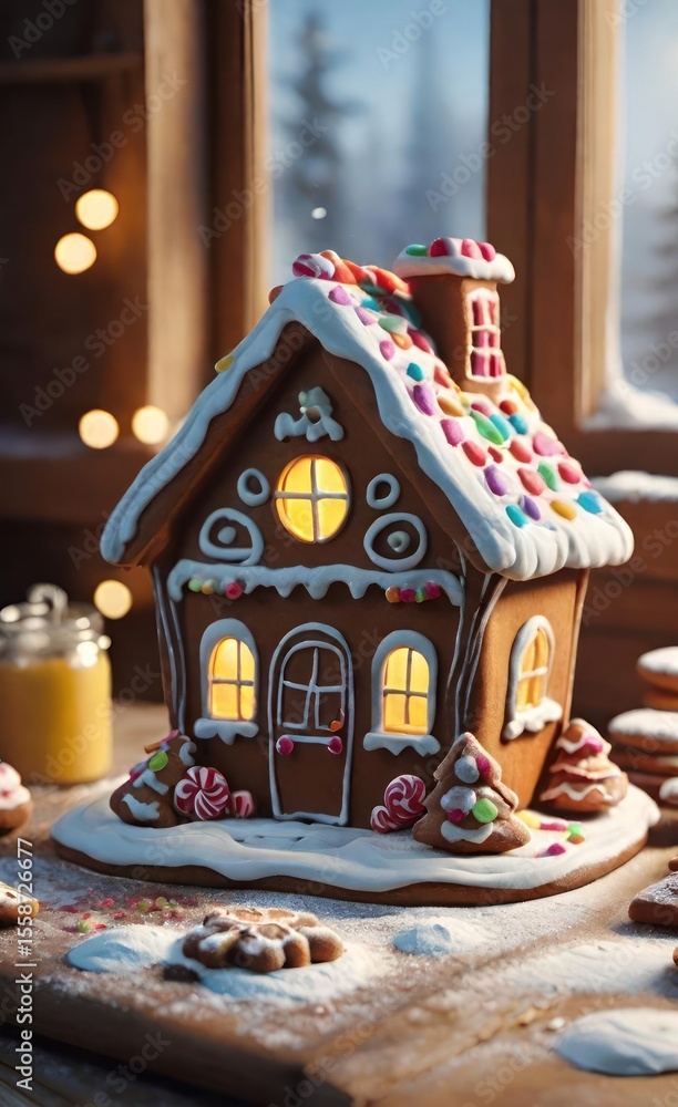 Realistic Cozy Christmas Gingerbread House on Wooden Tabletop Realistic Cozy Christmas Gingerbread House on Wooden Tabletop