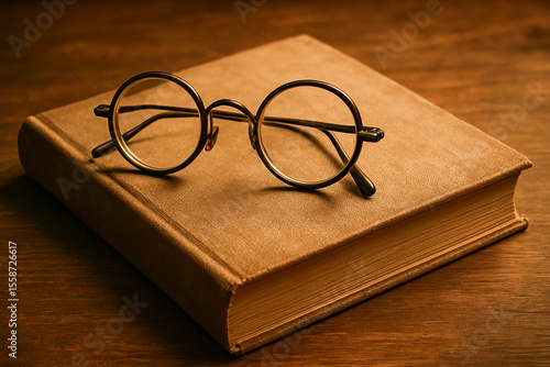 Round glasses on closed textbook with vintage cover, warm nostalgic study scene