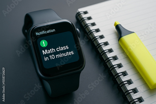 Smartwatch with math class reminder, next to notebook and highlighter, modern study tools