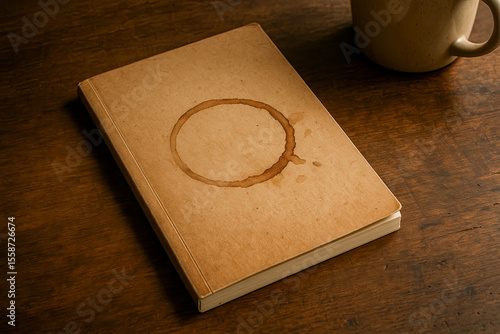 Closed notebook with coffee ring stain on textured cover, cozy casual study setting