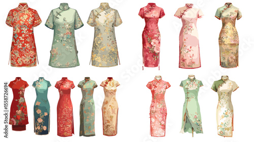 Elegant watercolor illustration of traditional Chinese qipao or cheongsam dresses with floral patterns, perfect for fashion, culture, and heritage design.

