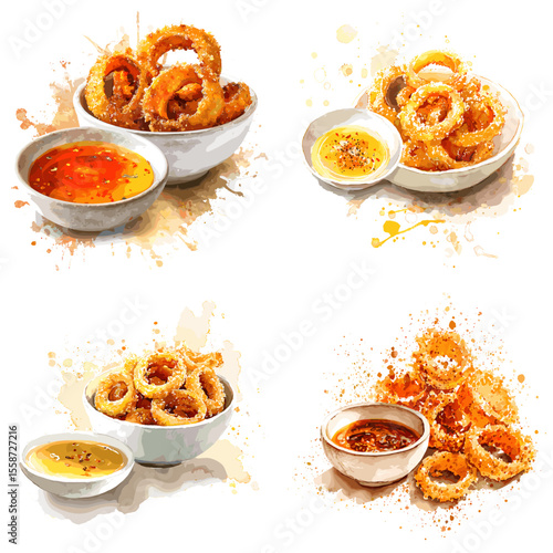 Crispy watercolor illustration of golden onion rings served with dipping sauces, ideal for food menus, snack visuals, and fast food themed artwork.

