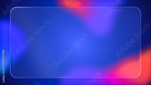 Transparent rounded rectangle liquid glass frame background, realistic glassmorphism user interface, abstract empty frosted plate on blue fluid gradient backdrop, blurred UI design illustration