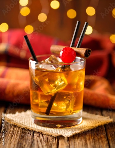 Amber cocktail in short glass with ice, cinnamon, cherry skewer, and black straws on rustic wood with cozy fabric background and warm autumn atmosphere.