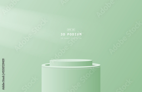 Luxury green 3d cylinder podium or pedestal for product display stand with light from top left corner shining to pedestal make product focused. Minimal wall scene for mockup. 3d vector stage rendering