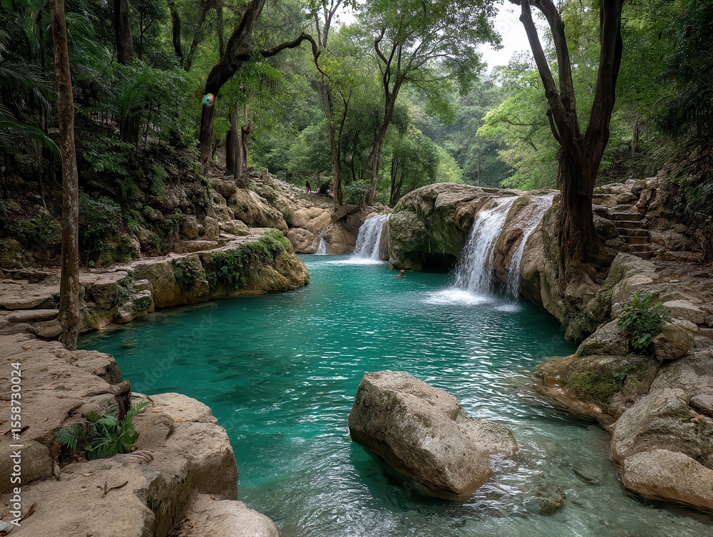 Naklejka premium Serene Tropical Waterfall Cascading into Crystal Clear Pool Surrounded by Lush Green Forest Landscape in a Peaceful Wilderness Setting