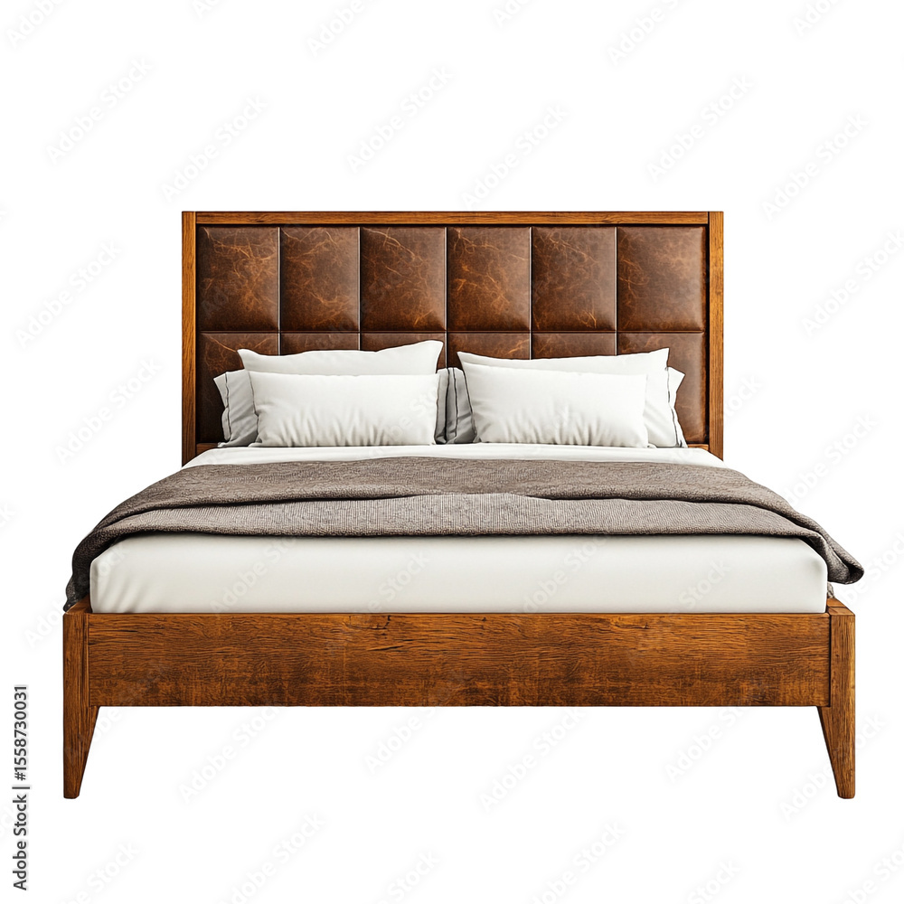 Obraz premium Wooden bed with brown leather headboard white bedding and gray blanket