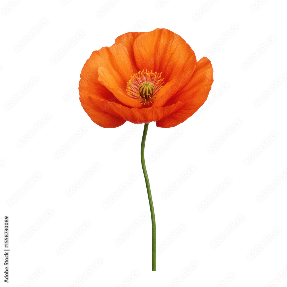 Obraz premium Bright Orange Flower with Delicate Petals and Green Stem on a White Background Transparent background or png