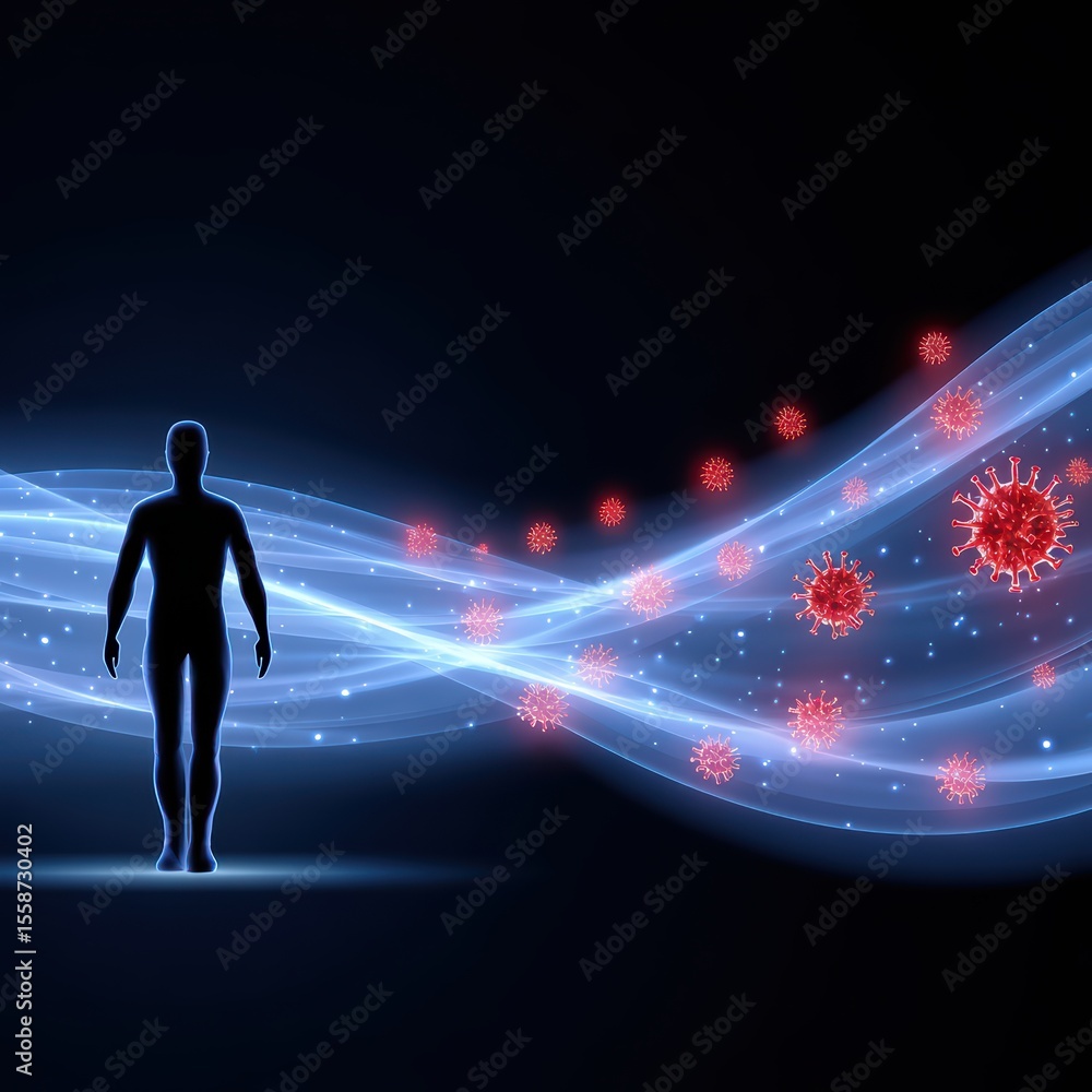 Abstract representation of human figure surrounded by digital waves and virus particles in a futuristic space Abstract representation of human figure surrounded by digital waves and virus particles in a futuristic space