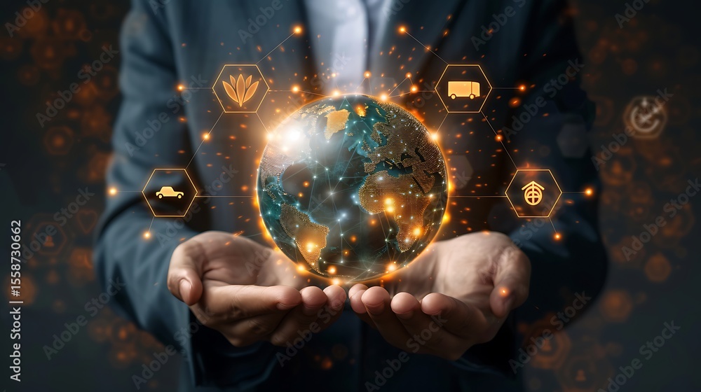 Fototapeta premium A businessman holds a glowing digital globe in his hands, surrounded by icons representing global business, logistics, and sustainability initiatives