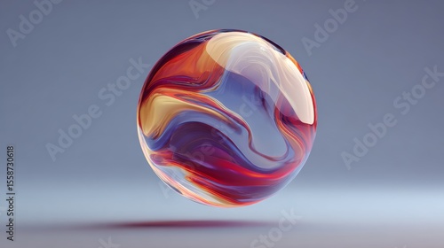 Floating glass orb with flowing liquid texture and soft gradient background.