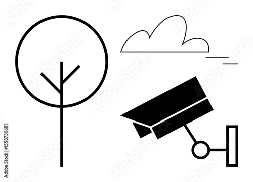 Black-and-white minimalist camera overseeing a tree and cloud. Ideal for security, technology, outdoor surveillance, privacy, environmental monitoring, urban safety, simple flat metaphor