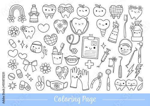 Draw vector illustration coloring page retro dental vibes Hippie florals Positive vibes Doodle cartoon style