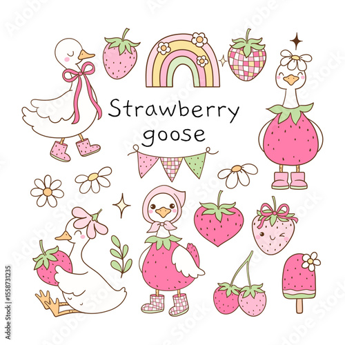 Draw vector illustration collection cute strawberry goose Pink summer Classroom decor Doodle cartoon style