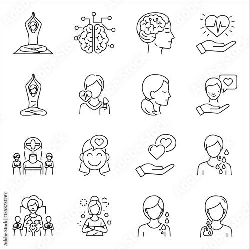 A collection of line art icons depicting mental health, mindfulness, and emotional well-being concepts.